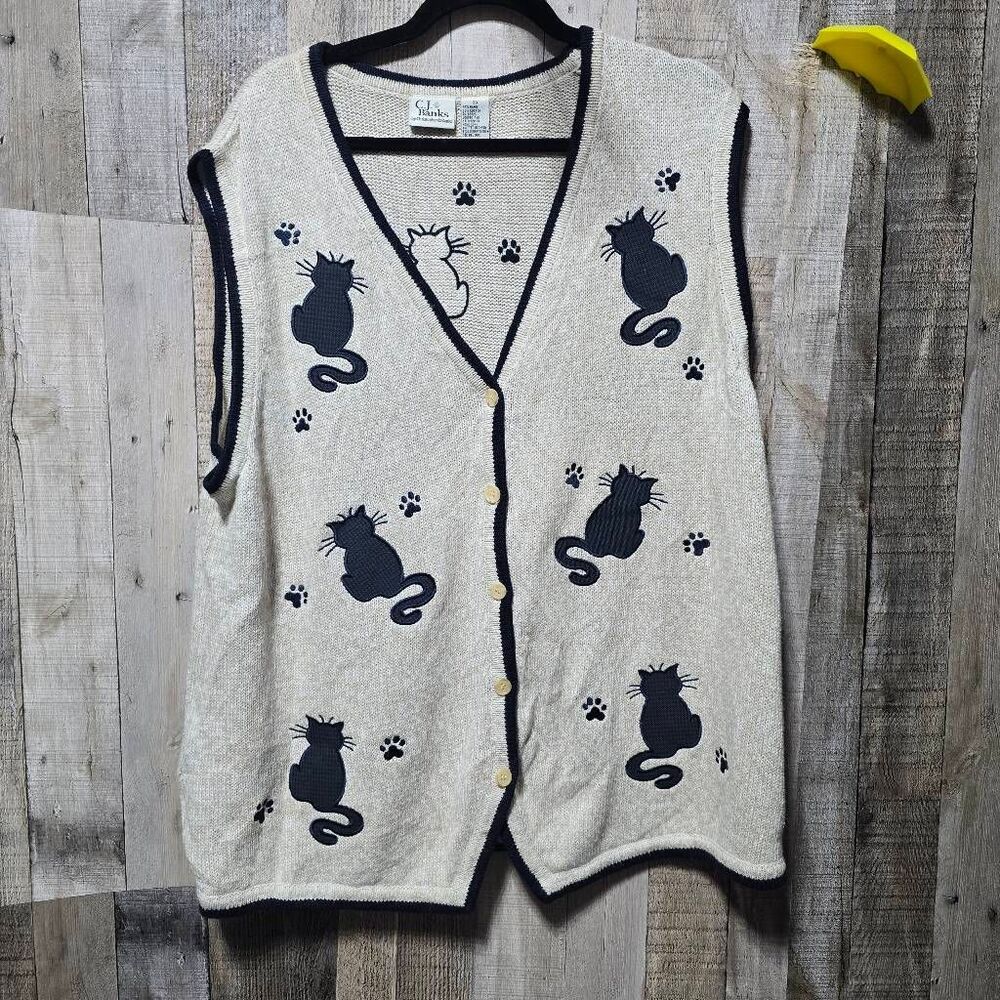 Christopher & Banks Vintage Y2K Beige Knit Cat Patch Sweater Vest Cardigan 3x